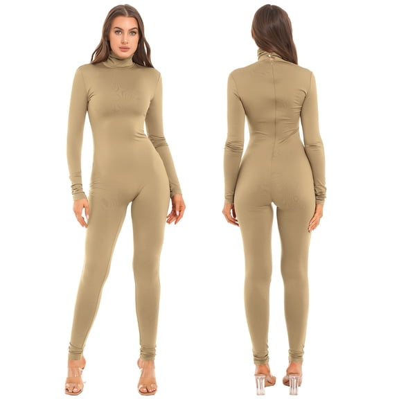 renvena Women's High Neck One Piece Unitard Bodysuit Long Sleeves Turtleneck Full Jumpsuit Leotard Champagne M