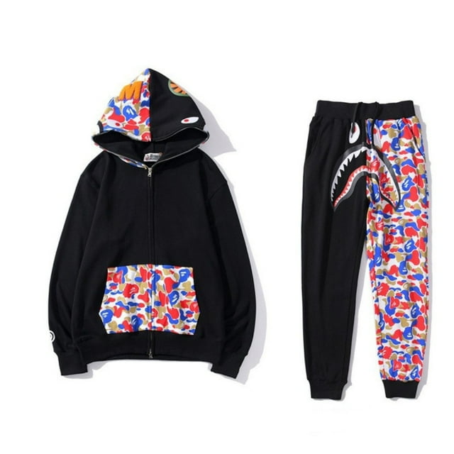 2025 BAPE WGM Teen Shark Head 3D Digital Print Trendy Zip-Up Hoodie Set