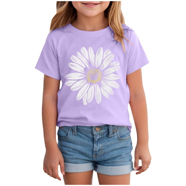 Akiihool Hauts d'Été pour Filles T-Shirts à Manches Courtes pour Filles T-Shirts d'Été pour Enfants Col Rond Hauts à Blocs de Couleur T-Shirts Mode (Violet, 7-8 Ans)