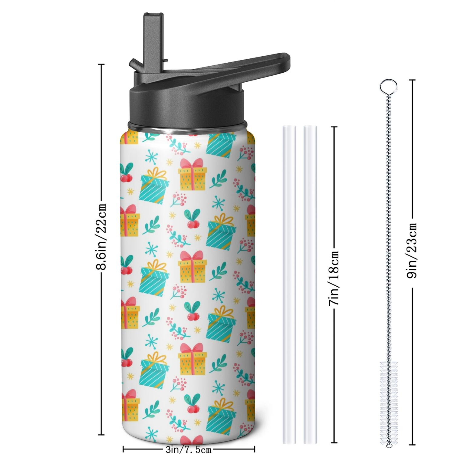 Christmas 18 oz Insulated Stainless Steel Water Bottle with Straw & Cleaning Brush , Leakproof, BPA-Free, 304 Stainless Steel, Wide Mouth, Travel Mug for Car, Gym, Office