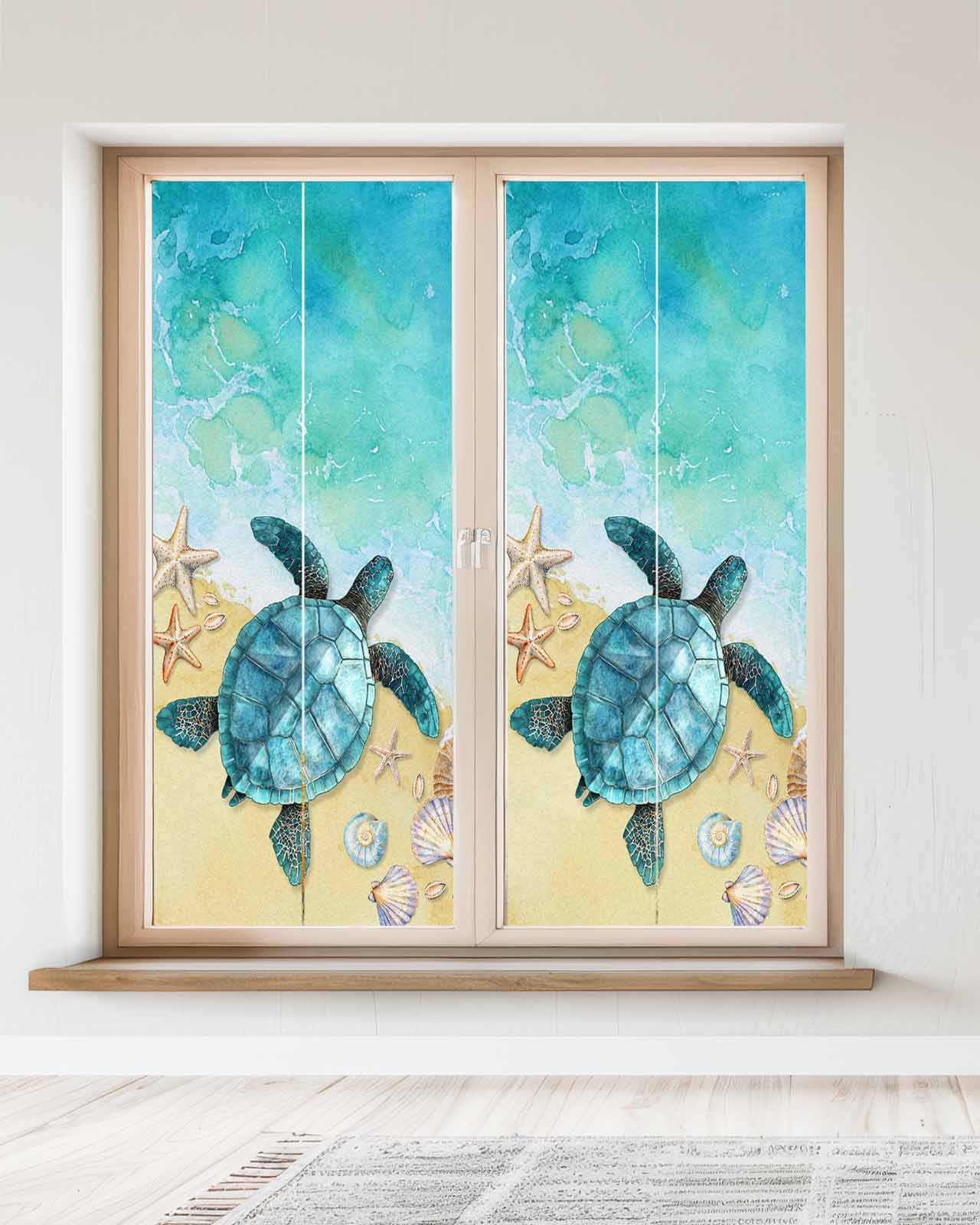 Window Privacy Film Teal Blue Coastal Stained Glass Window Film Decorative Sun Block Window Cover Summer Beach Turtle Nautical Window Clings Static Adhesive Sticker for Bathroom 23.6"x59"