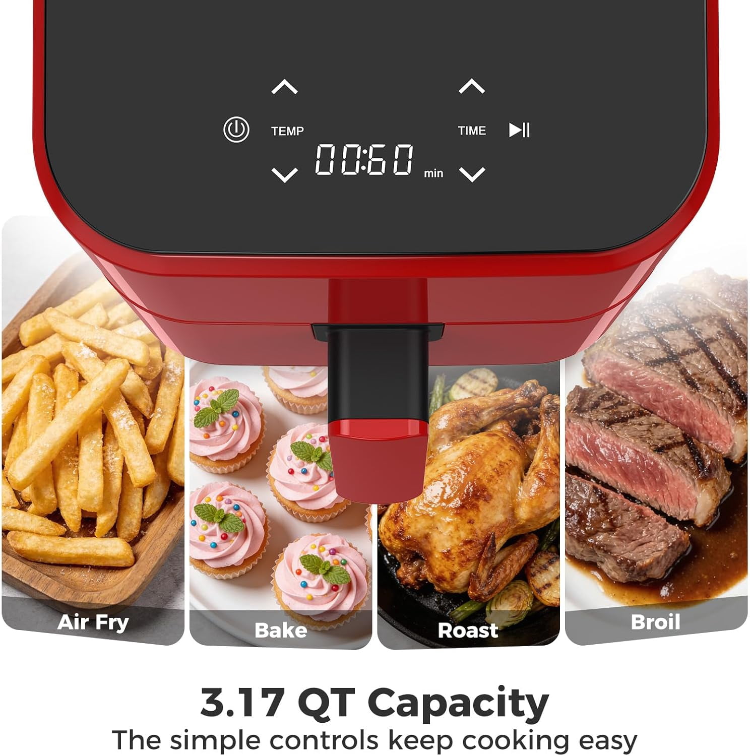 Haysky 3QT Air fryer, Compact Airfryer Less Oil Crispy Frying, Digital Touchscreen with 4 Presets, Nonstick &Dishwasher Safe Basket, Red