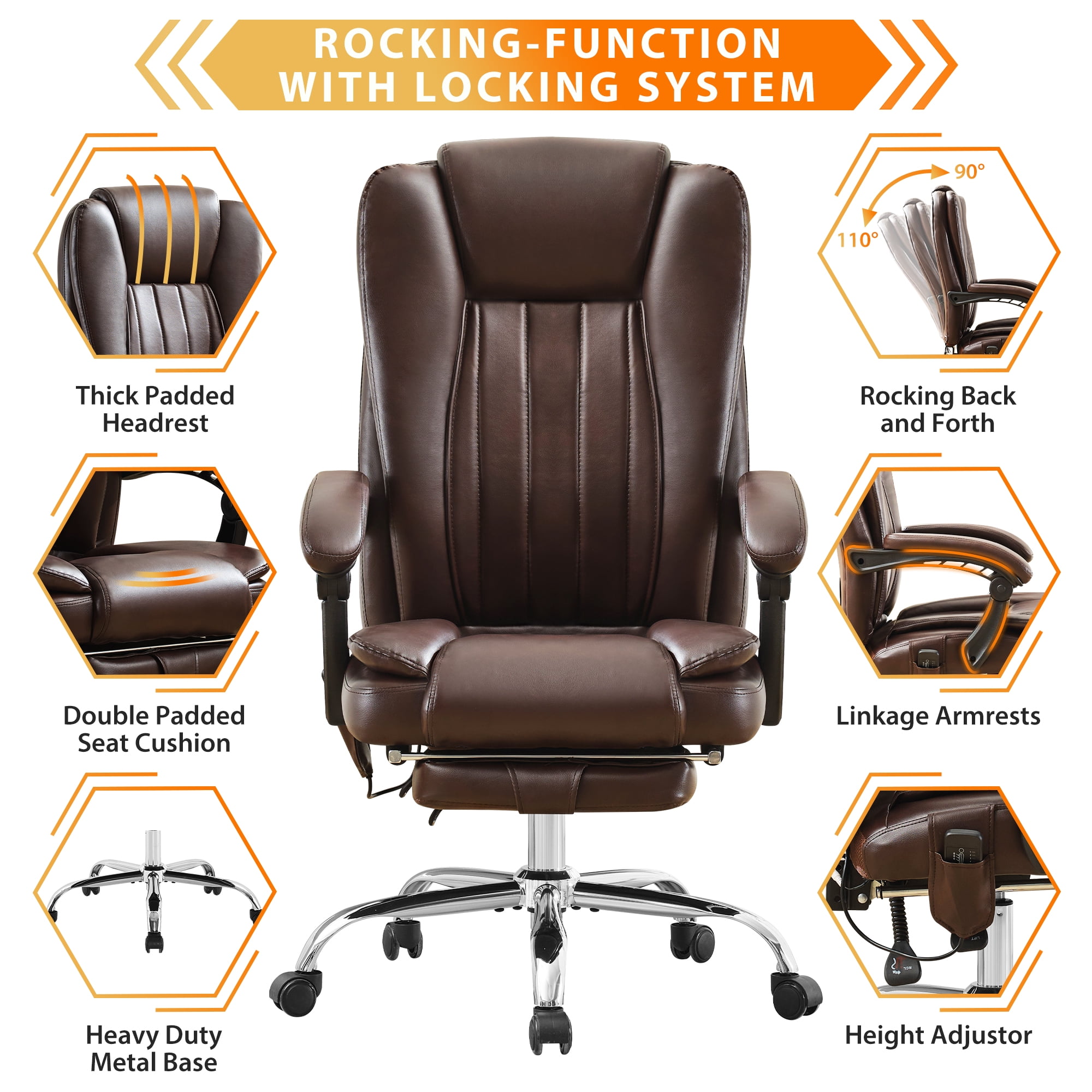 JONPONY Big and Tall Office Chair 500LBS Executive Office Chair Massage and Footrest Ergonomic Computer Desk Chair Reclining High Back Leather Office Chair Lumbar Back Support Swivel Rolling,Brown