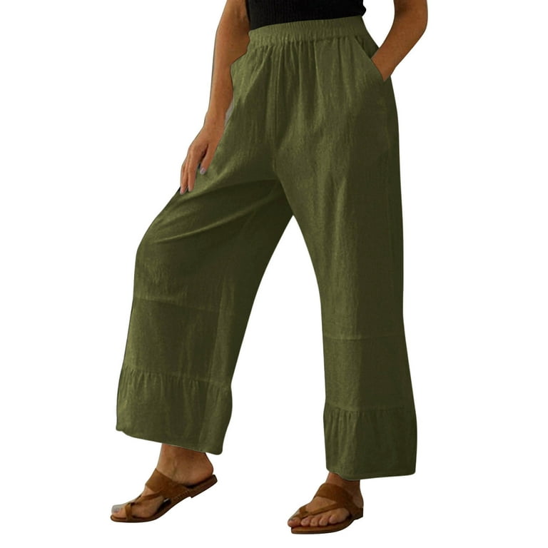 Stretch Pants Womens Cotton Linen Long Pants High Waist Loose Fit
