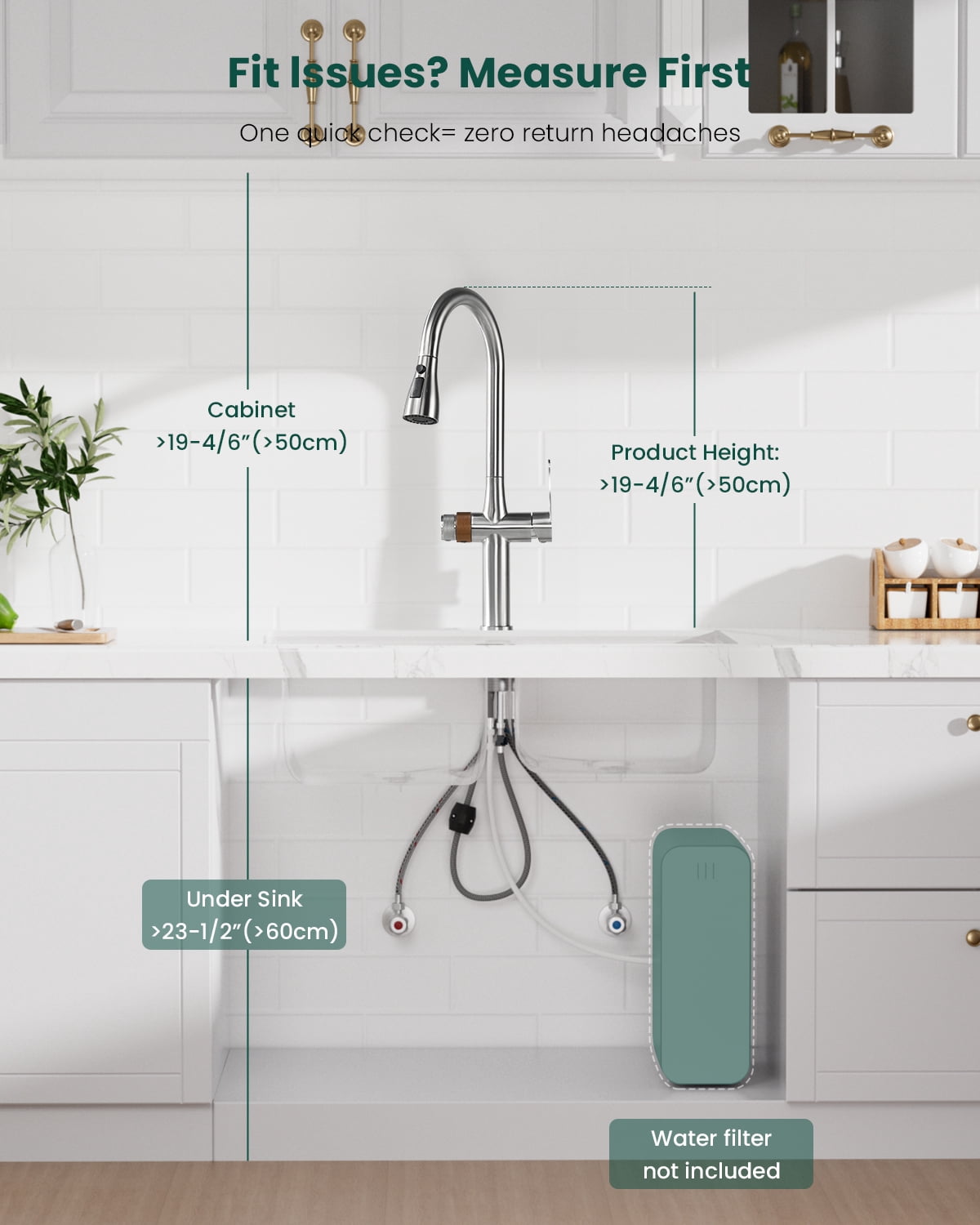 APPASO Brushed Nickel 3-Way Kitchen Faucet with Water Filter Connection, Commercial Single Handle High Arc, SUS304 Stainless Steel 3 in 1 Sink Faucet (Without Filtration Device)