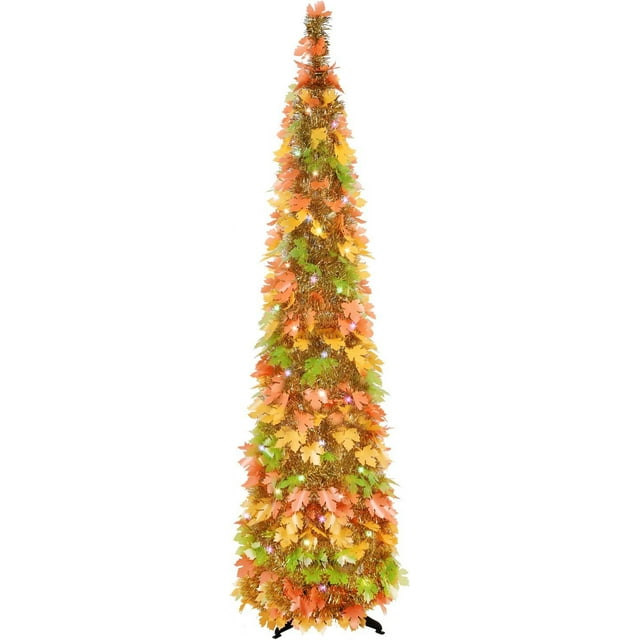 Fall Tree Home Decor Pop Up Tree with Lights & Timer & Modes Collapsible Tinsel Pencil Tree for Autumn Harvest Porch Thanksgiving Party Decorations Maple Leaves