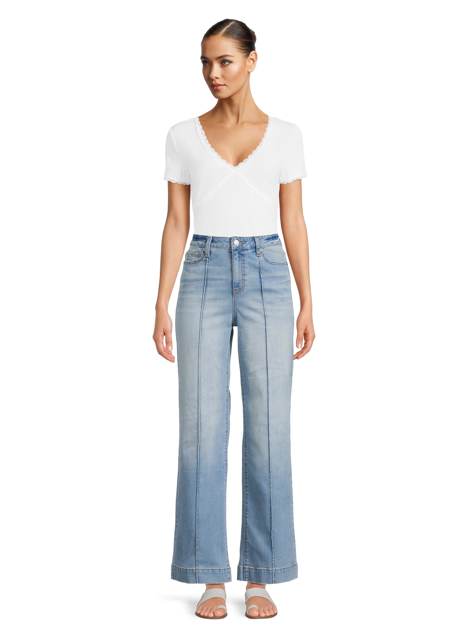 Time and Tru Women's Wide Leg Jeans with Seam Details, Available in Regular, Short, Long Inseams, Sizes 0-22