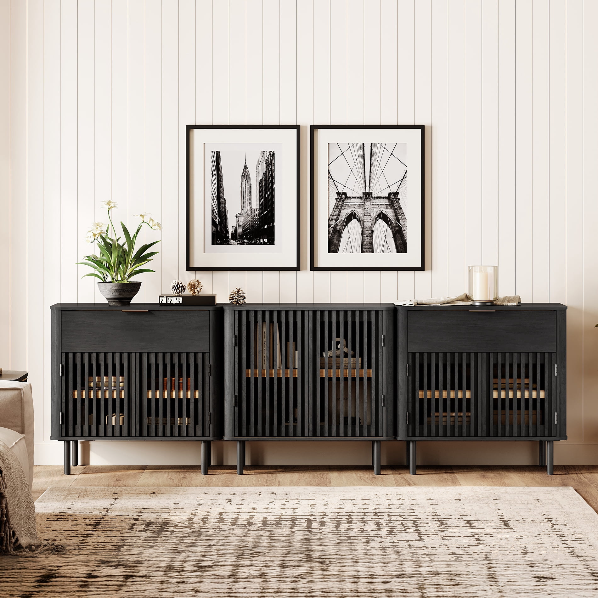 94.5" TV Stand Media Console with Cabinets Adjustable Shelves,Black