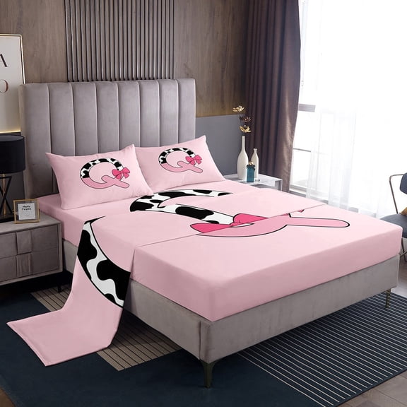Erosebridal Initial Monogrammed Sheet Set Twin,Bowknot Cow Print Bedding Sets Twin Size,Super Cozy Bed Sheets Twin,Kawaii Room Decorative,3pcs