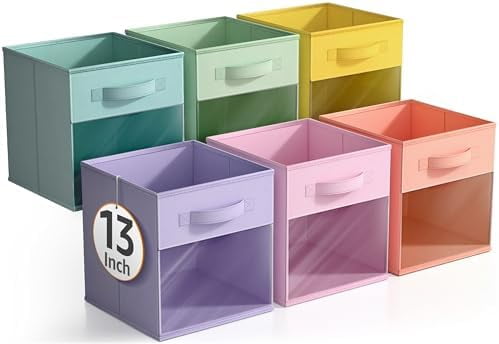 13 Inch Storage Bins with Clear Window - 6 Foldable Baskets for Organizing Clothes, Toys, Books - Sturdy Collapsible Fabric Storage Cubes with Handle - Storage Baskets for Shelves, Closets