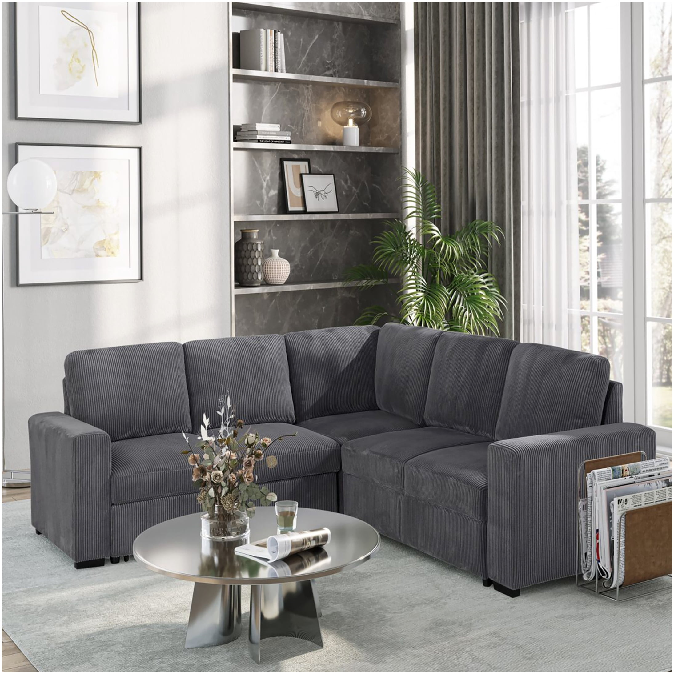 Modern Grey Sectional Sofa Couch with Plush Cushioning, 4-Seater Fabric Living Room Couch