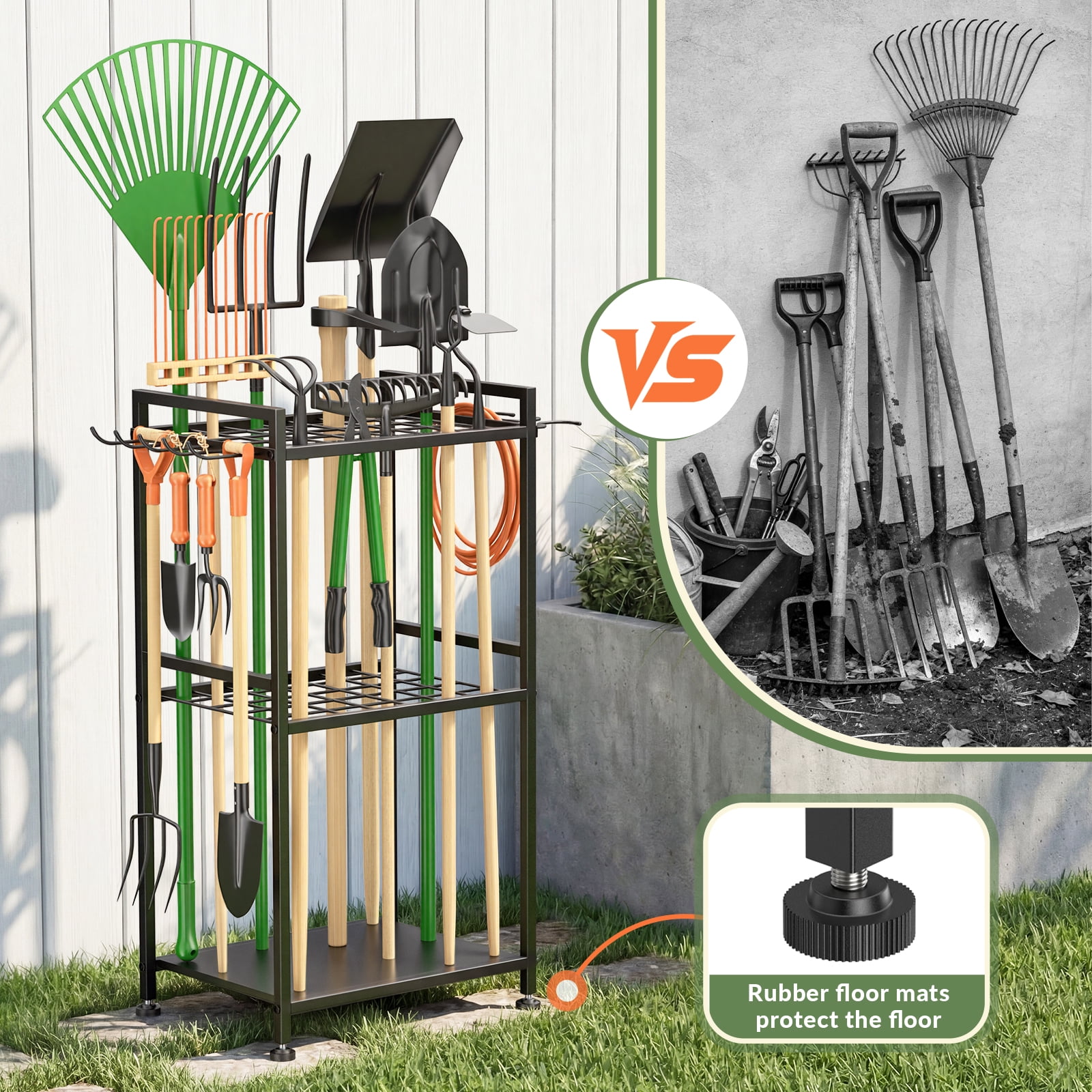 Garden Tool Organizer Rack with Hooks,Holds Up to 35 Long-Handled Tools, Rakes and Brooms, Metal Steel Stand for Shed or Outdoor Storage Backyard