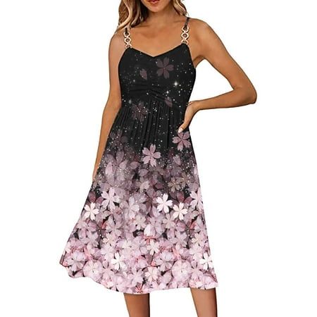 QUYUON Floral Midi Dress for Women Ruched Backless Sleeveless Spaghetti Strap Tank Dresses Pleated A-Line Swing Long Dress Beach Sundress Formal Evening Party Coctail Dresses  Pink XL