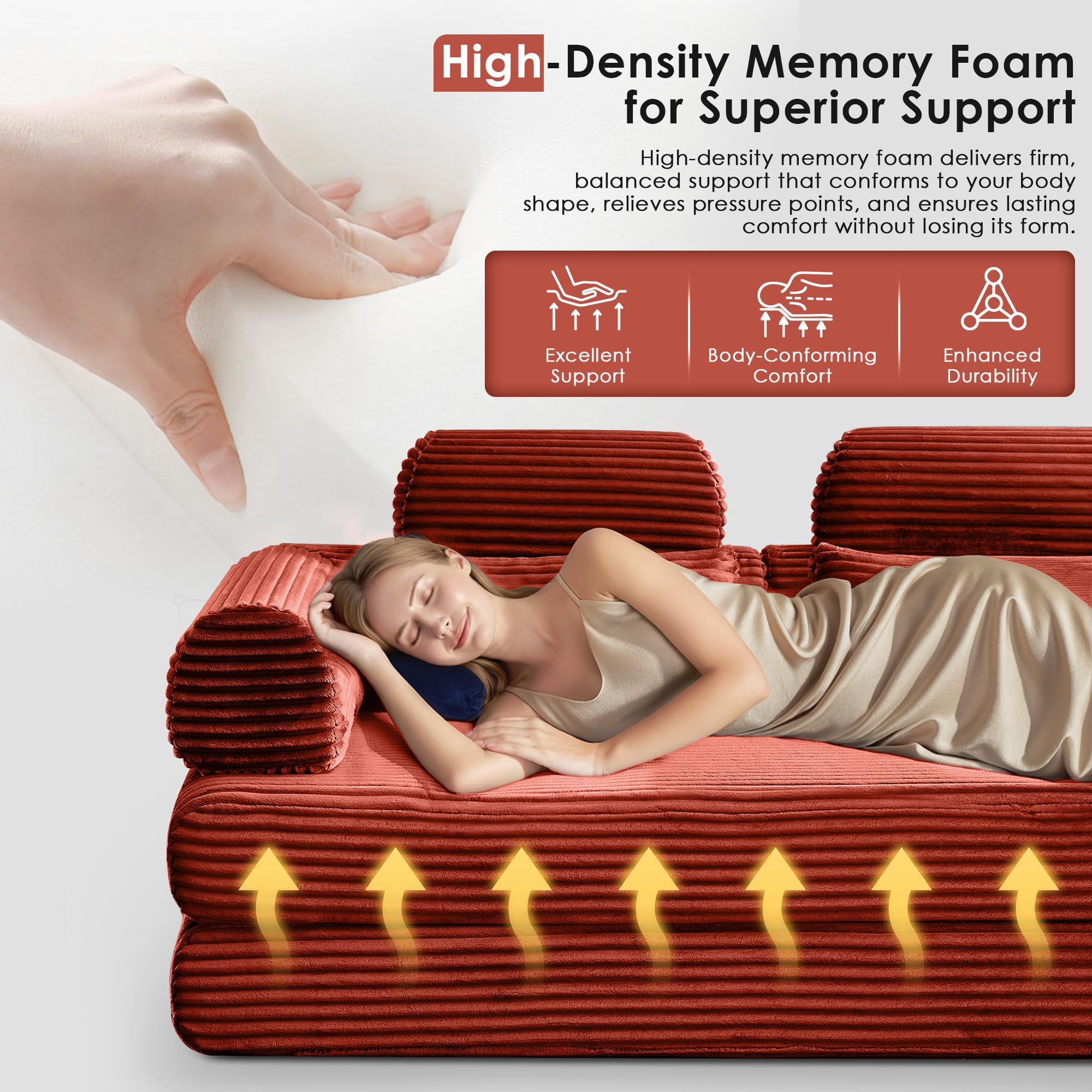 Howcool 78.5" Convertible Sleeper Sofa Bed, Corduroy Foldable Loveseat, Boneless Memory Foam Couch Bed for Living Room, Queen to King Size, No Assembly,Orange