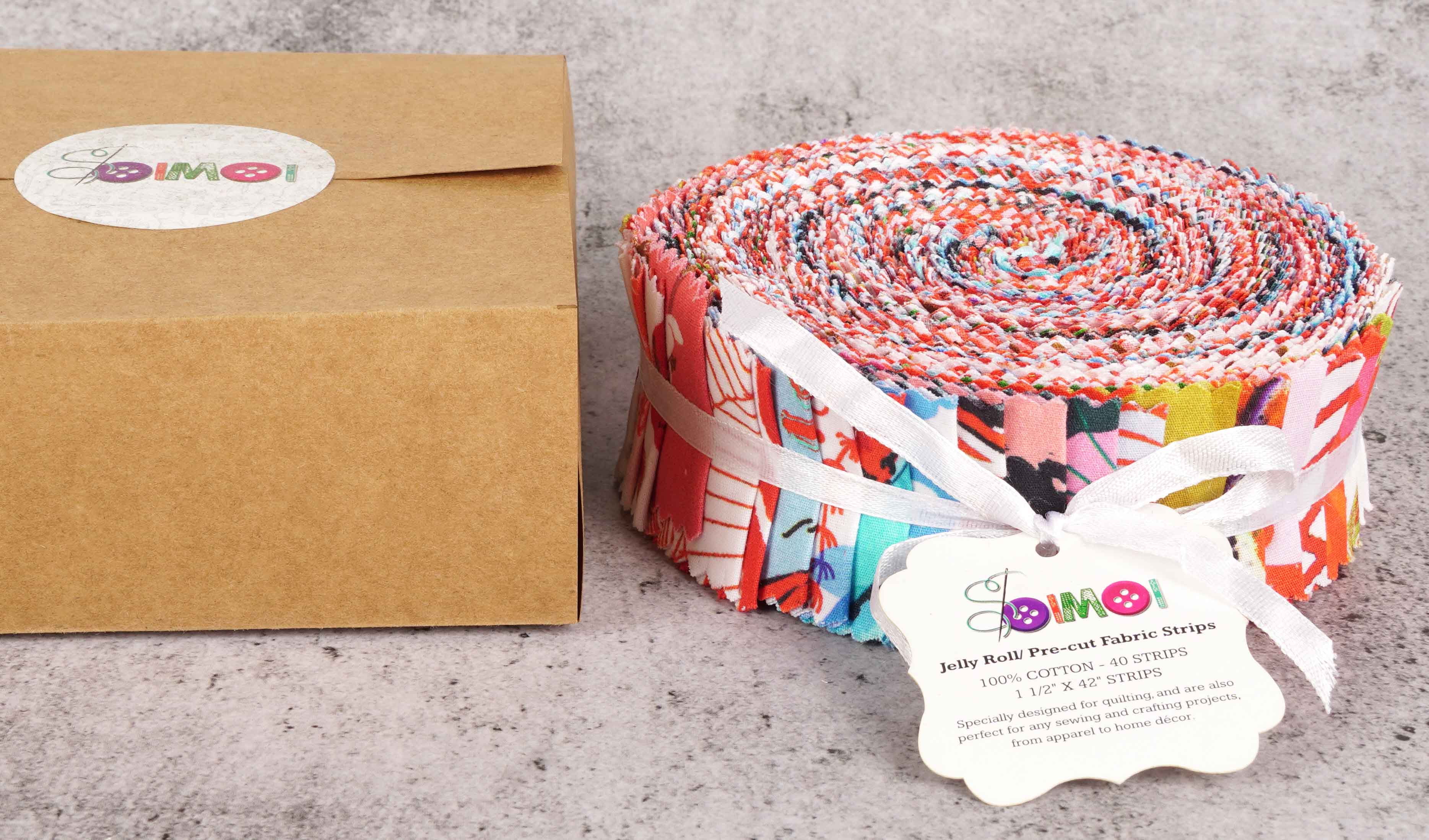 Soimoi 40Pcs Japanese Print Precut Fabrics Strips Roll Up 1.5 inches Cotton Jelly Rolls For Quilting - Red & Blue