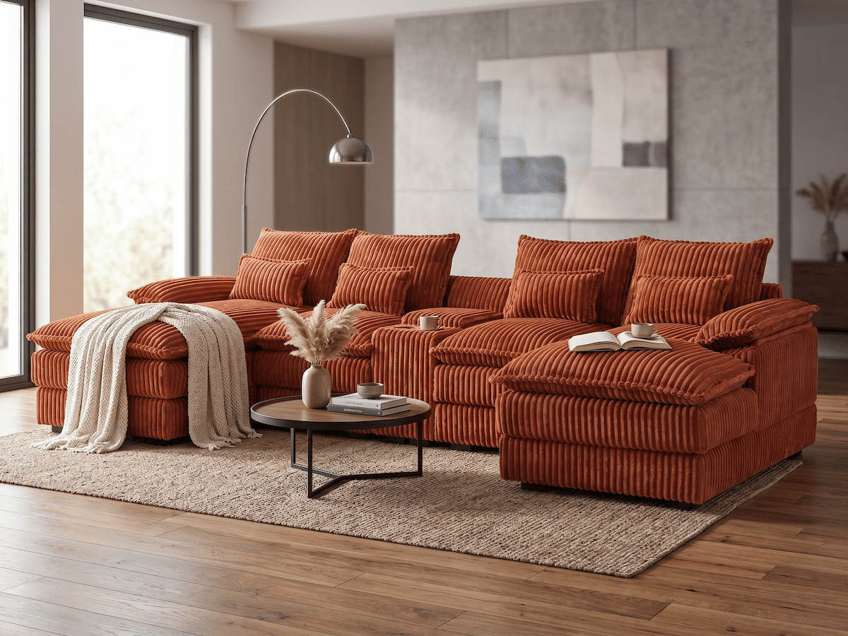 125" Oversized Cloud Couch Modular Sectional Sofa with Chaise, Deep Seat Sectional Couch with Center Console, USB Ports & Cup Holders, 6 Seater Comfy Upholstered Sofa for Living Room