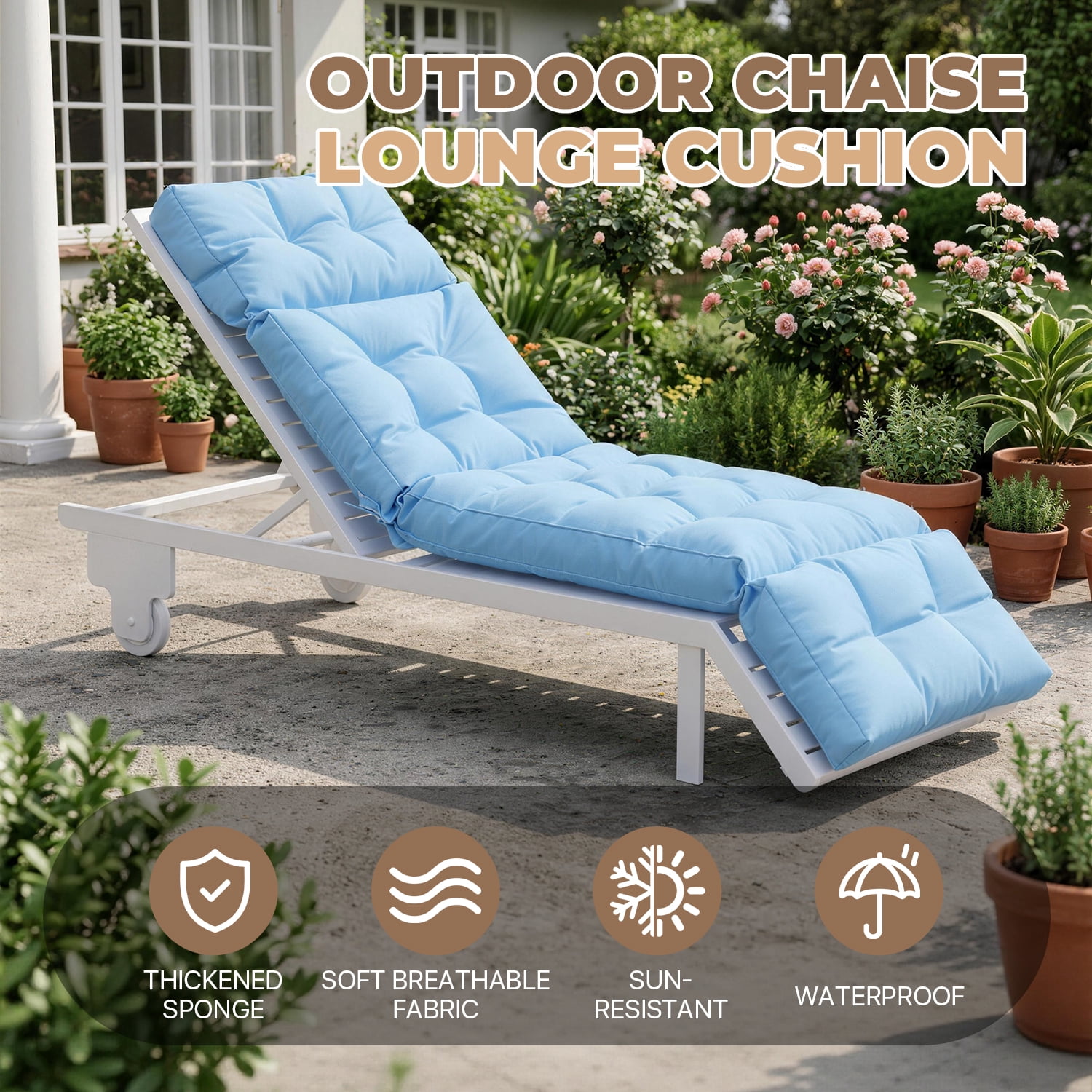 BaPiPro All-Weather Outdoor Chaise Lounge Cushion, Secure-Tie Patio Recliner Cushion with Plush PP Cotton Support for Patio, Poolside & Balcony, Sky Blue