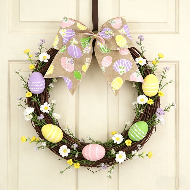 Lazo de corona de Pascua – Adorno decorativo colgante, topper de árbol de huevo de poliéster hecho a mano con patrón de lino y lazo, moño multicolor festivo reutilizable, 6,3 x 5,91 in