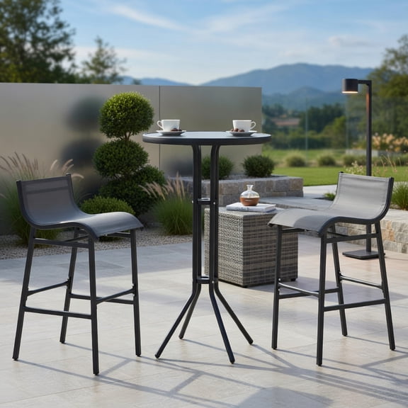 Resenkos 3-Piece Charcoal Gray Bar Height Outdoor Bistro Set – Tempered Glass Round Table & 2 Weather-Resistant Mesh Chairs for Small Patios, Balconies, or Indoor Use