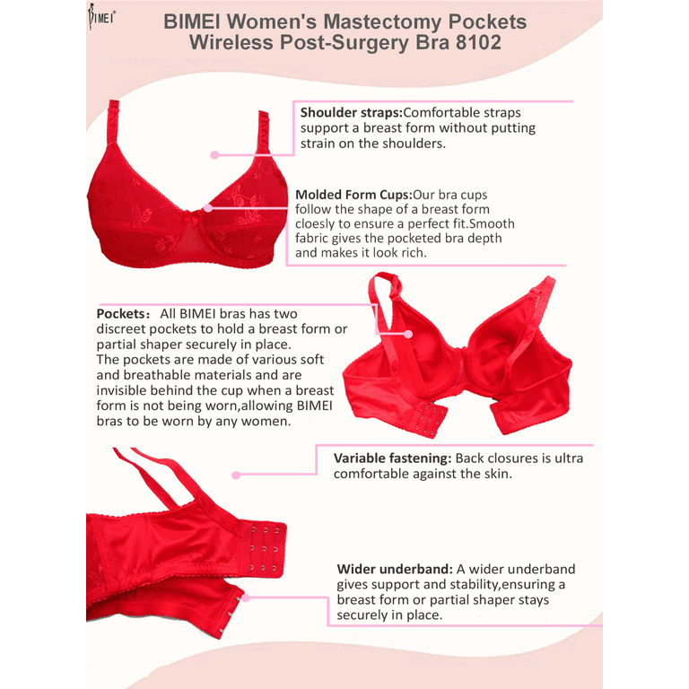 BIMEI Mastectomy Bra with Pockets for Breast Prosthesis Women's Full  Coverage Wirefree Everyday Bra plus size 8102,Red,40D