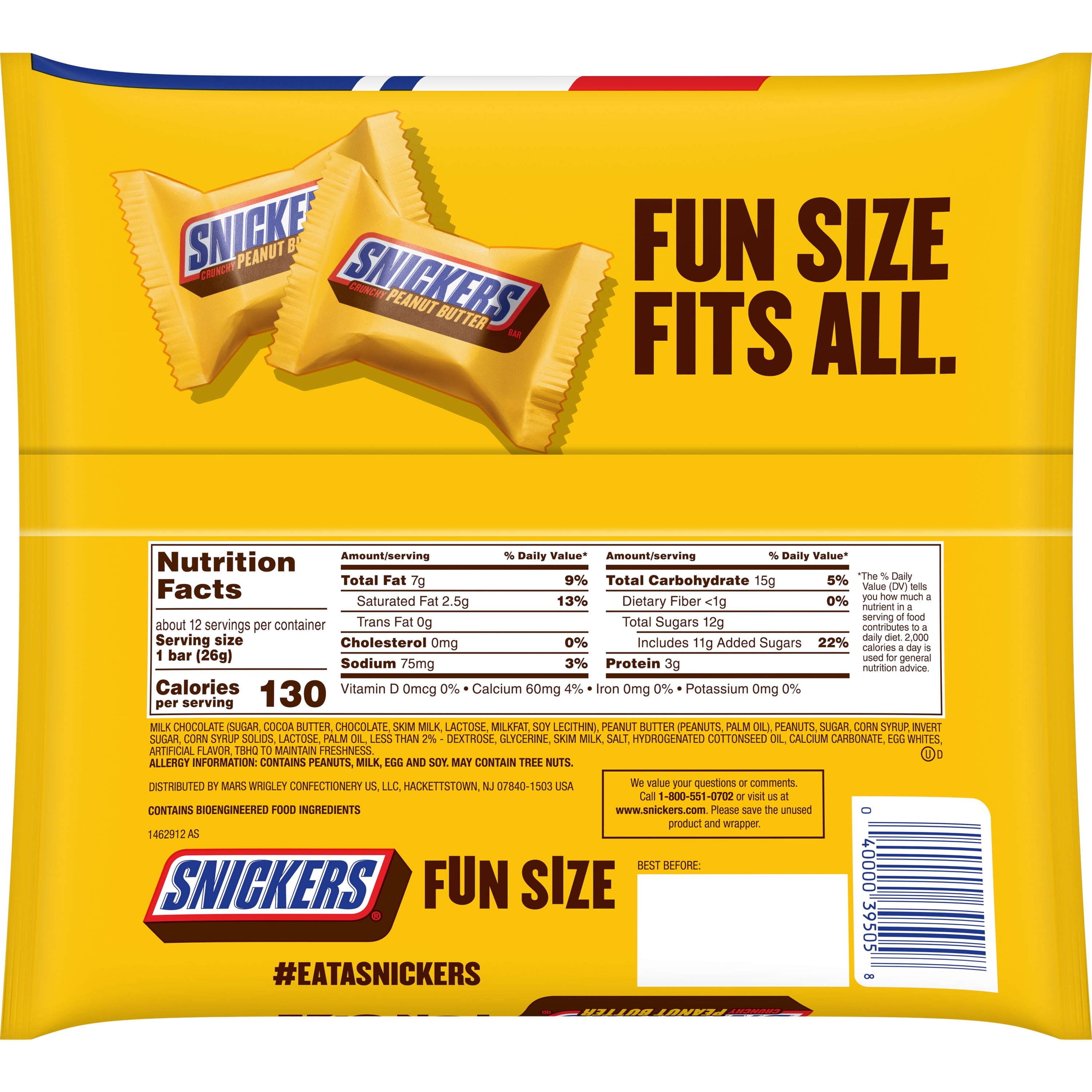Snickers Peanut Butter Candy Bars Squared, Fun Size Snacks 11.5 oz (326 g)