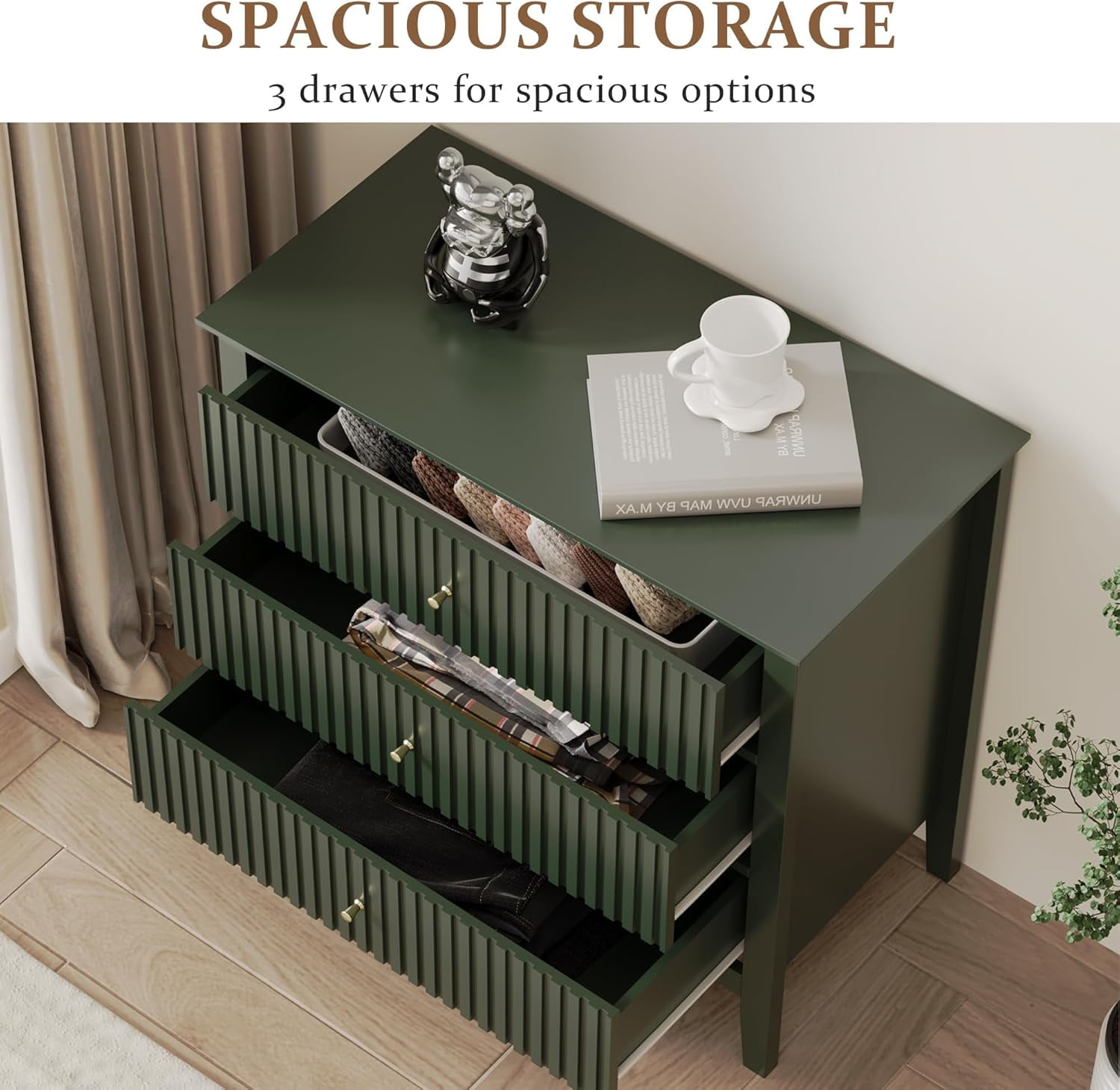RoyalCraft 3-Drawer Dresser, Fluted Green Chest with Storage, Modern Nightstand for Bedroom, Living Room