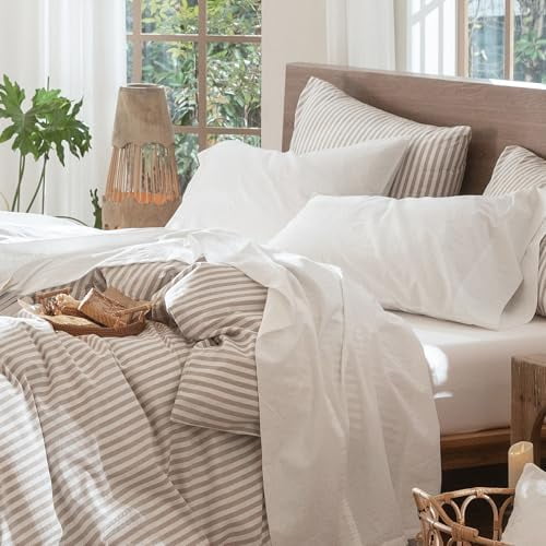 Bedding Sheet Set 100% Washed Cotton Linen Like Textured Breathable Durable Soft Comfy (Solid Off White, Twin)