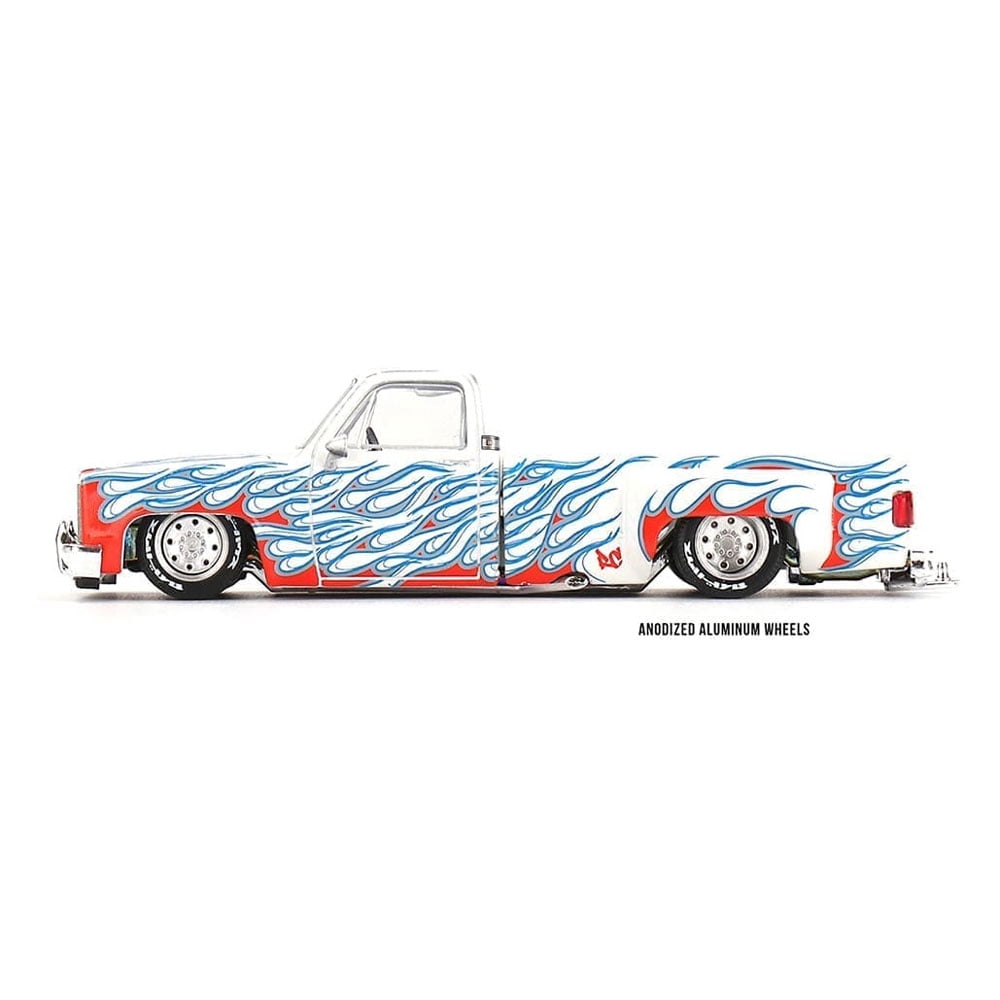 Chevrolet Silverado Dually Pickup Truck "On Fire V2" White Met w/Blue Flames and Blue Interior 1/64 Diecast Model Car by Mini GT