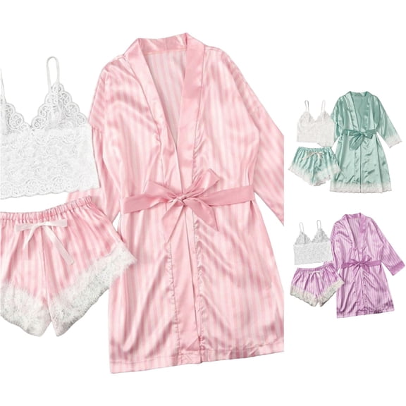 Weebloom Women Pajama Sets Silk Satin Pajamas Set 3Pcs Floral Lace With Robe Sleepwear Nightwear Pjs Loungewear Pink S
