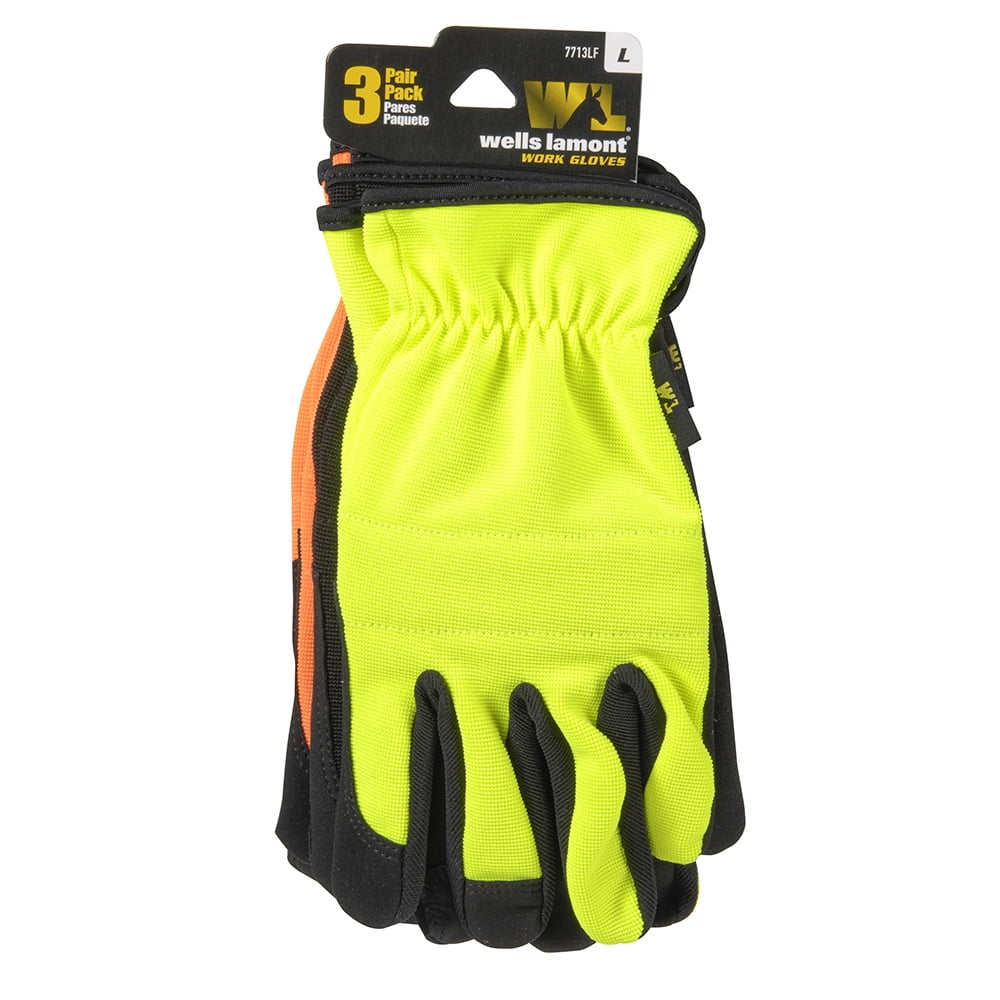 3-Pack Men's Utility Work Gloves, Synthetic Leather Palm, Spandex Back, Large (Wells Lamont 7713LF)