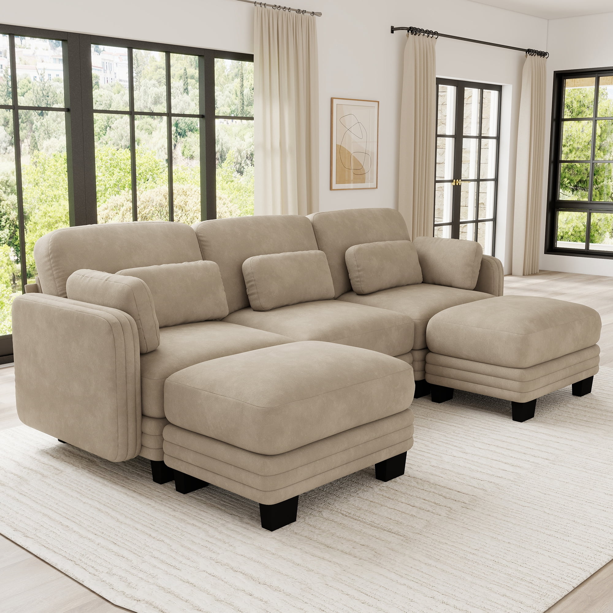 100" U-shaped Tufted Modern Modular Sectional 3 Seater Sofa Couch with 2 Ottomans and 5 Pillows