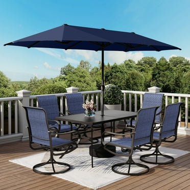 8-Piece Outdoor Patio Dining Set with 13ft Double-Sided Umbrella, High-Back Padded Swivel Chairs, Blue