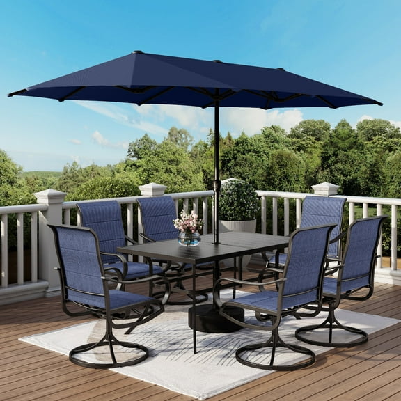 8-Piece Outdoor Patio Dining Set with 13ft Double-Sided Umbrella, High-Back Padded Swivel Chairs, Blue