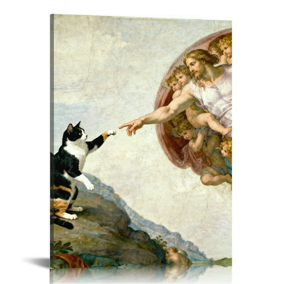 Funny Parody Classic Masterpiece: Cat Version The Creation of Adam Printed Canvas Wall Art (Hidden Wooden Frame) - Humorous Decor for Living Room, Cat Room & Casual Area