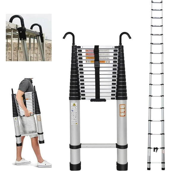 Telescoping Ladder 20FT Aluminum Extension Ladder with 2 Detachable Roof Hooks(2.8"), Rv Ladder, Attic Ladder, Roof Ladder, Multi-Purpose Collapsible Ladder for Christmas Decorations, 330lbs Capacity