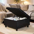 thumbnail image 2 of GZXS Upholstered Storage Ottoman in Black PU, Button-Tufted Large Footrest with Wooden Spindle Legs, Flip-Top Storage Box, Easy Assembly, 2 of 9