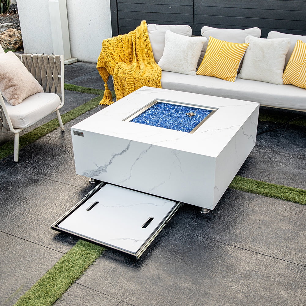 Elementi Plus Bianco Natural Gas Fire Pit for Outside Outdoor Fire Pit Table Smokeless Firepit Marble Porcelain Square Fire Table Patio Heater Fireplace 60000 BTUs - Bianco White, 39.4 x 39.4 Inches