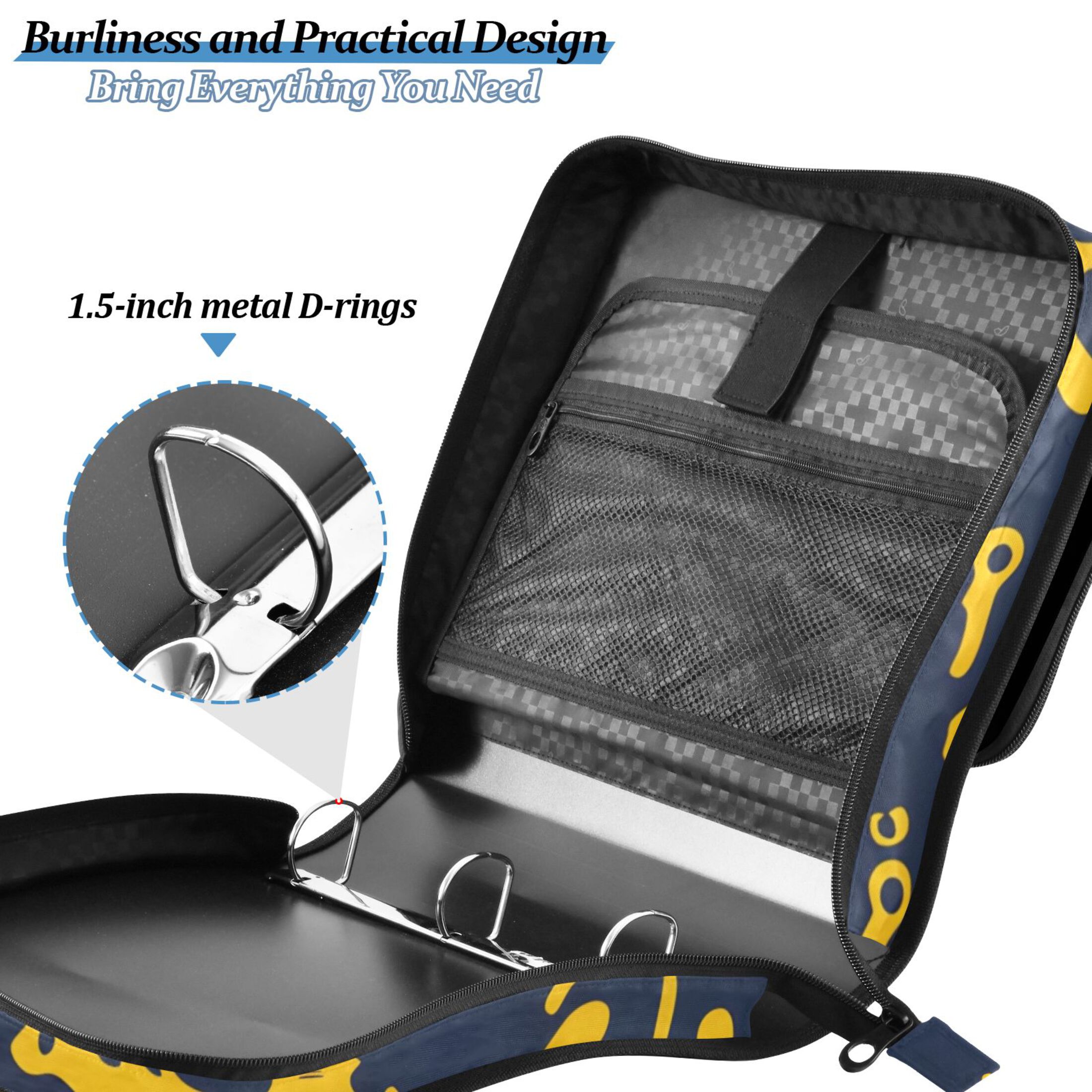 3 Ring Zipper Binder with Shoulder Strap Waterproof Trapper Keeper 2 Inch D-Ring 500 Sheets Capacity Dark Blue Yellow Splashes