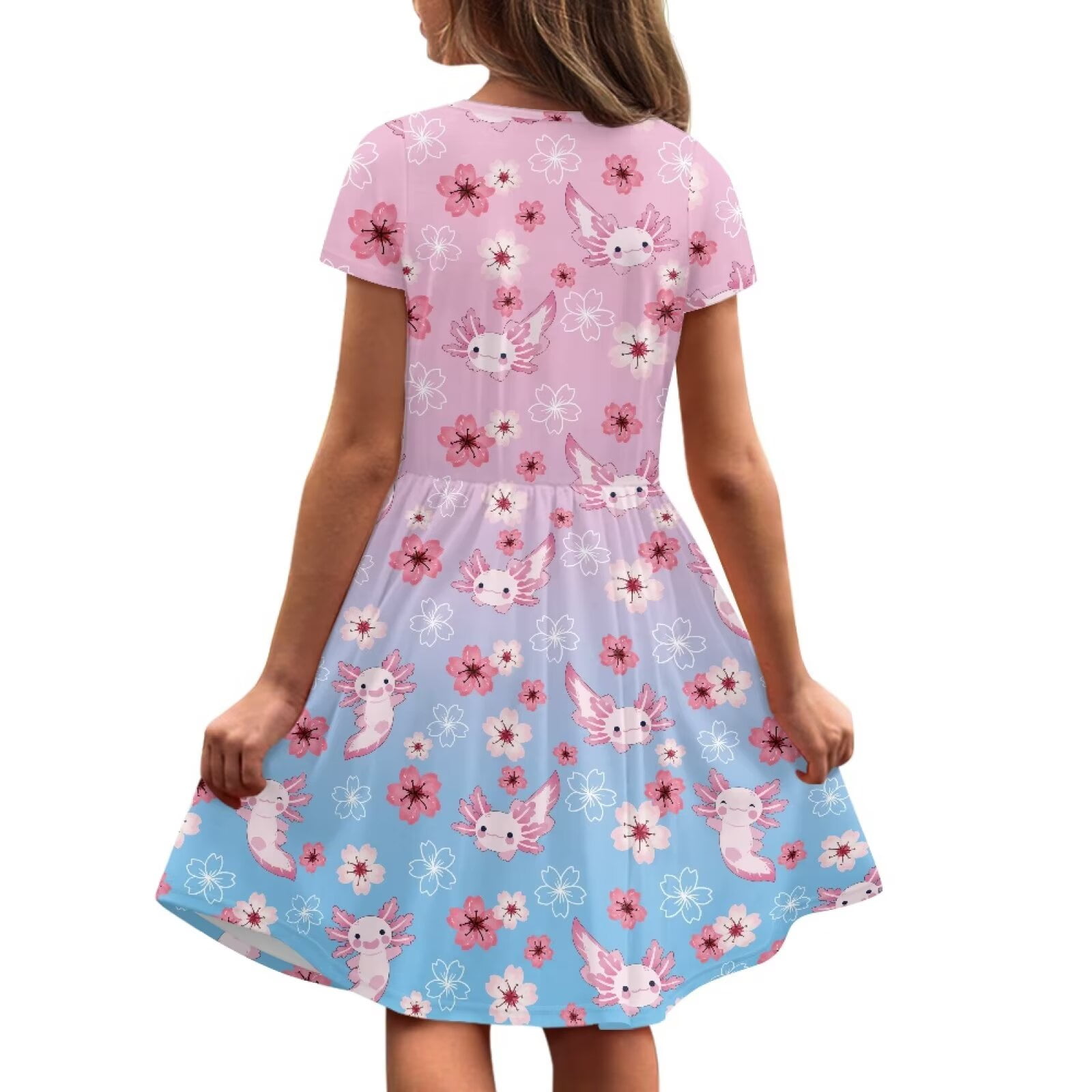Uourmeti Axolotl Kids Twirly Swing Dress for Girls Cute Short Sleeve Skater Dresses Summer Soft Crew Neck Knee Length A-Line Dress with Pockets for Casual School