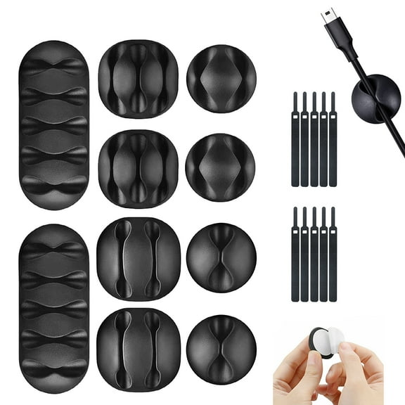 Cable Management Cord Organizer Kit, Include 10pcs of Self Adhesive Cable Clips & 10 pcs of Fastening Wire Ties for Car PC Computer TV Office Home Computer ( Black)