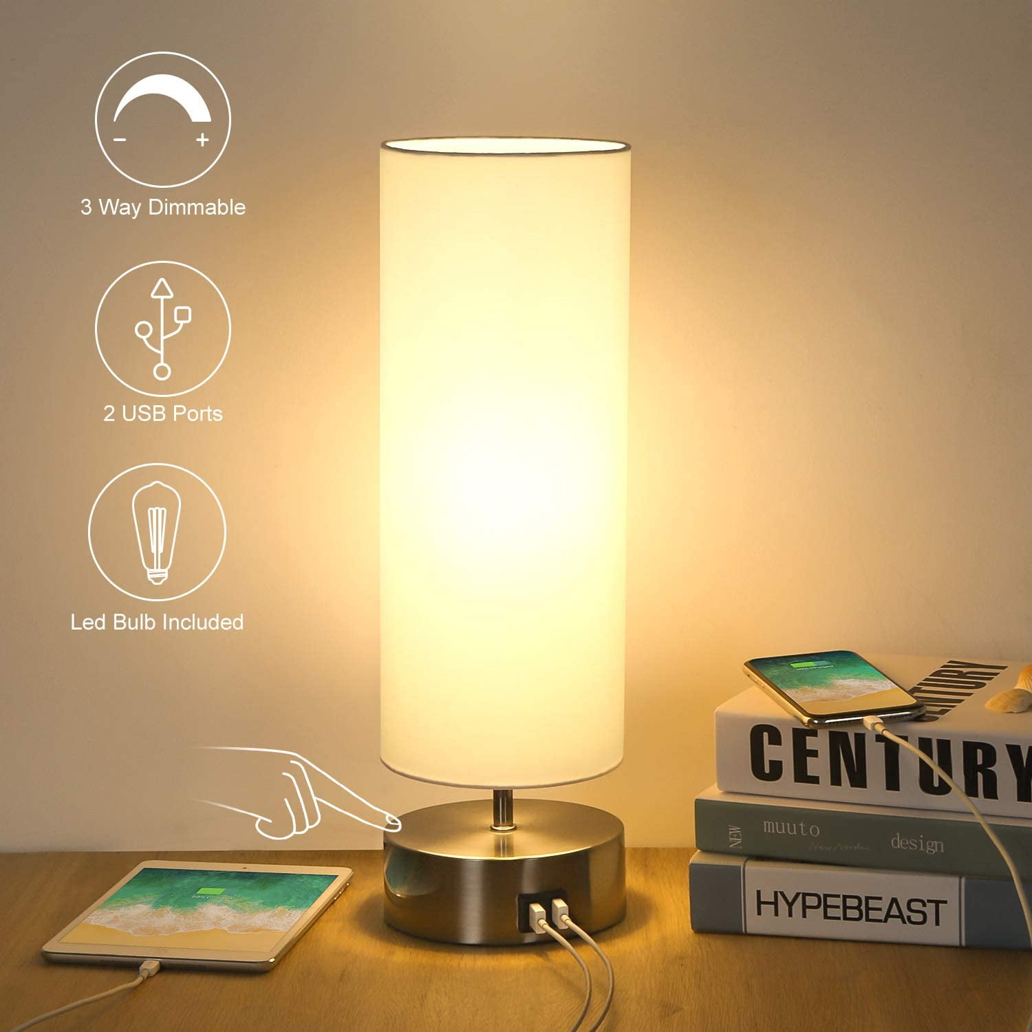 Usb Bedside Touch Control Table Lamp 3 Way Dimmable Desk With 2 Charging Ports Boncoo Modern Nightstand Ambient Light Round Shade For Bedroom Office 6w 2700k Led Bulb Usb Bedside Touch Control Table Lamp 3, Touch Control Bedside Lamp With 2 Usb Ports