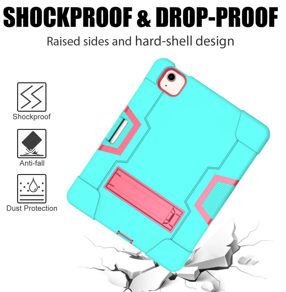 Allytech iPad Air 5 Case 2022, iPad Air 4 Case 2020, Heavy Duty Protection Shockproof Build In Kickstand Pencil Holder Kids Friendly Case for Apple iPad Air 5th 4th Generation, BlackAqua/Rose