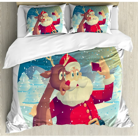 Santa Duvet Cover Set, Best Friends Taking a Funny Christmas Selfie with Cellphone in a Snowy Winter Forest, Decorative Bedding Set with Pillow Shams, Multicolor, by