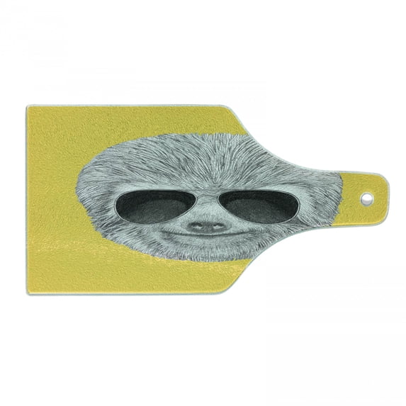 Sloth Cutting Board, Hipster Jungle Animal with Sunglasses Smiling Funny Expression Cool Character Print, Tempered Glass Cutting and Serving Board, Wine Bottle Shape, Yellow Grey, by Ambesonne