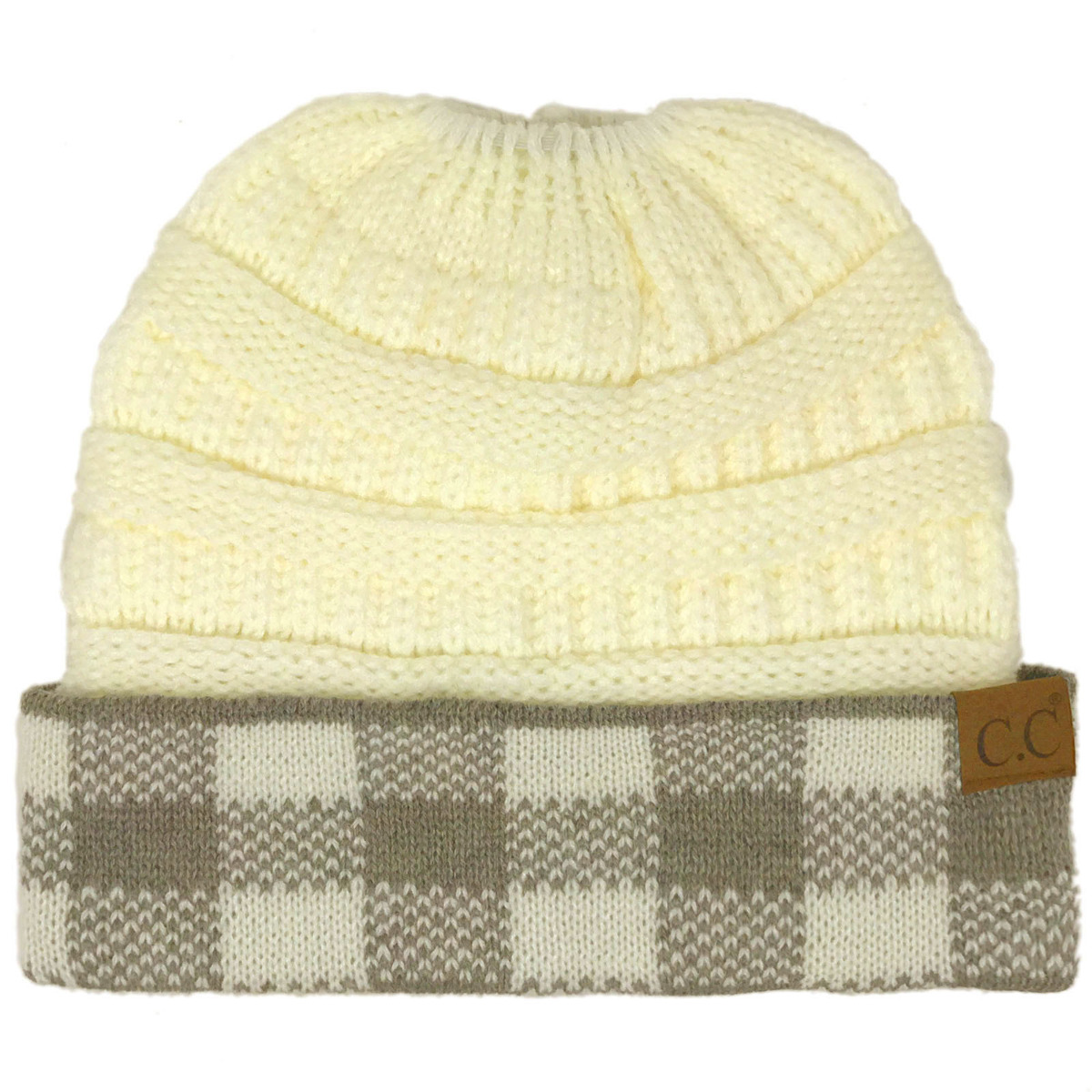 CC Ponytail Messy Bun BeanieTail Soft Winter Knit Stretch Beanie Hat (Buffalo Plaid White/Lt. Melange Gray) - image 2 of 2