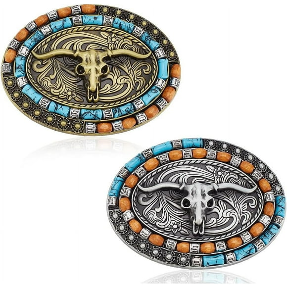 2 Pcs Western Belt Buckle for Men Women Cowboy Cowgirl Long Horn Bull Turquoise Belt Buckle Vintage Golden Sliver Western Durable Denim Rectangle Alloy Belt Buckles for Birthday Gifts