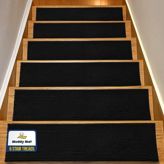 Muddy Mat® Pack of 6 - Soft Chenille Stair Treads Non-Slip Reusable, Super Absorbent Stair Treads for Wooden Steps, Tile & Marble floor, Easy to Install & Machine Washable - Black 30'' x 7''