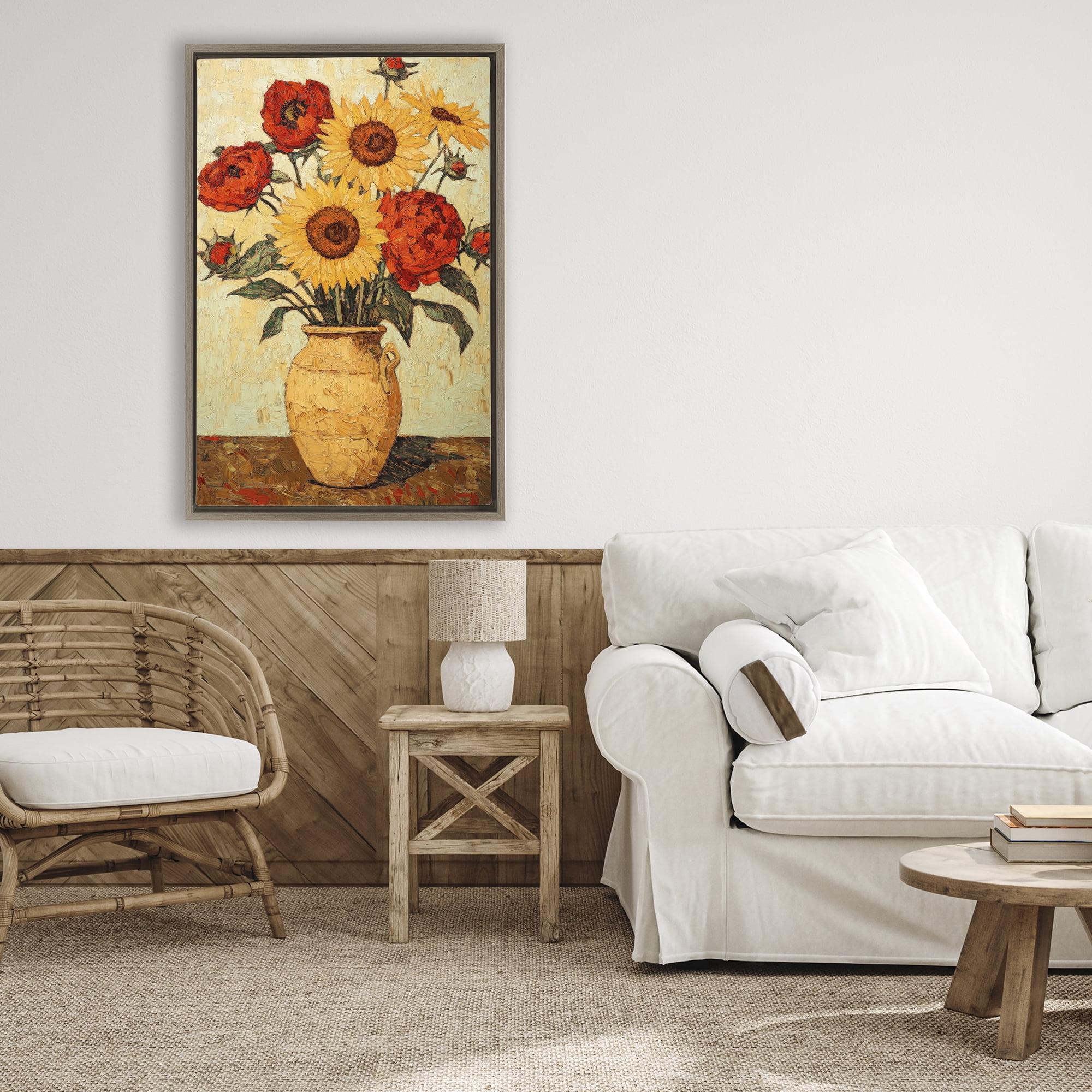 Rustic Flower Display Brown Framed Floater Canvas Wall Art, design by Petal Prints Design