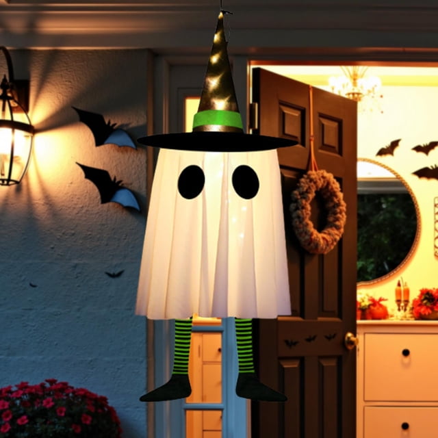 BELOVING Halloween Hanging Ghost Hat Light Creative Glowing Ghost for Patio Yard Tree Green