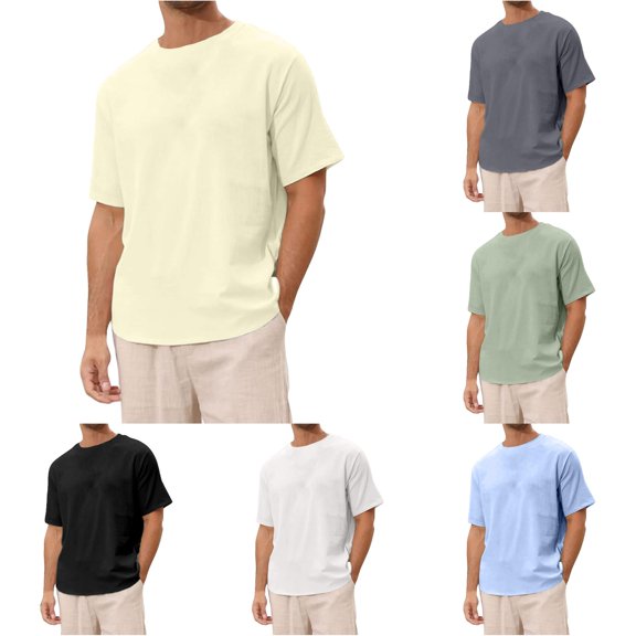 XAOFW Men's Linen T Shirts Solid Color Short Sleeve Crew Neck Tees Lightweight Beach Tees For Everyday Wear Trendy Top L